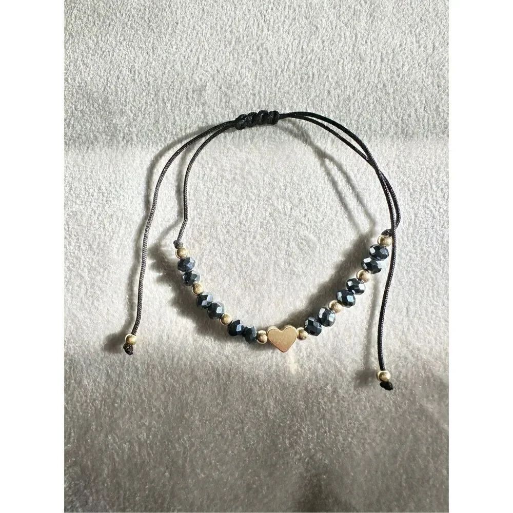 Black sparkly beaded gold heart friendship bracelet